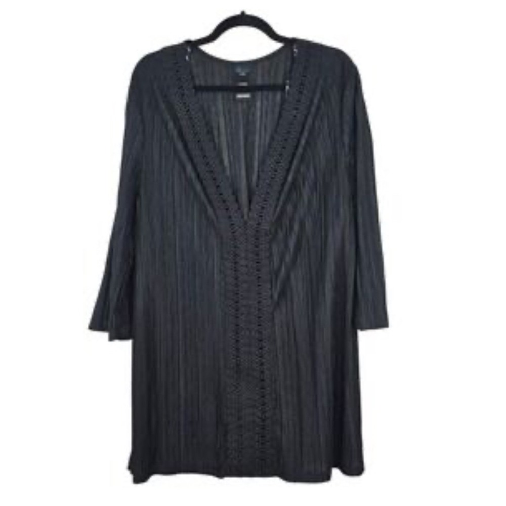 Catalina Womens 1X Black Crinkle Crochet Trim Open Front Cardigan Cover Up Beach